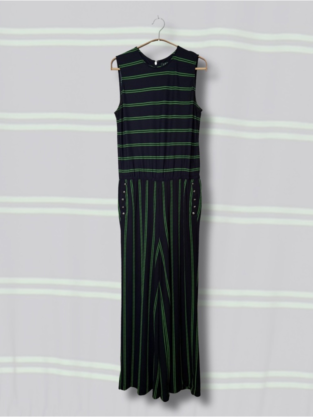 Ralph Lauren Navy and Green Striped Sleeveless Jumpsuit - Picture 1 of 4